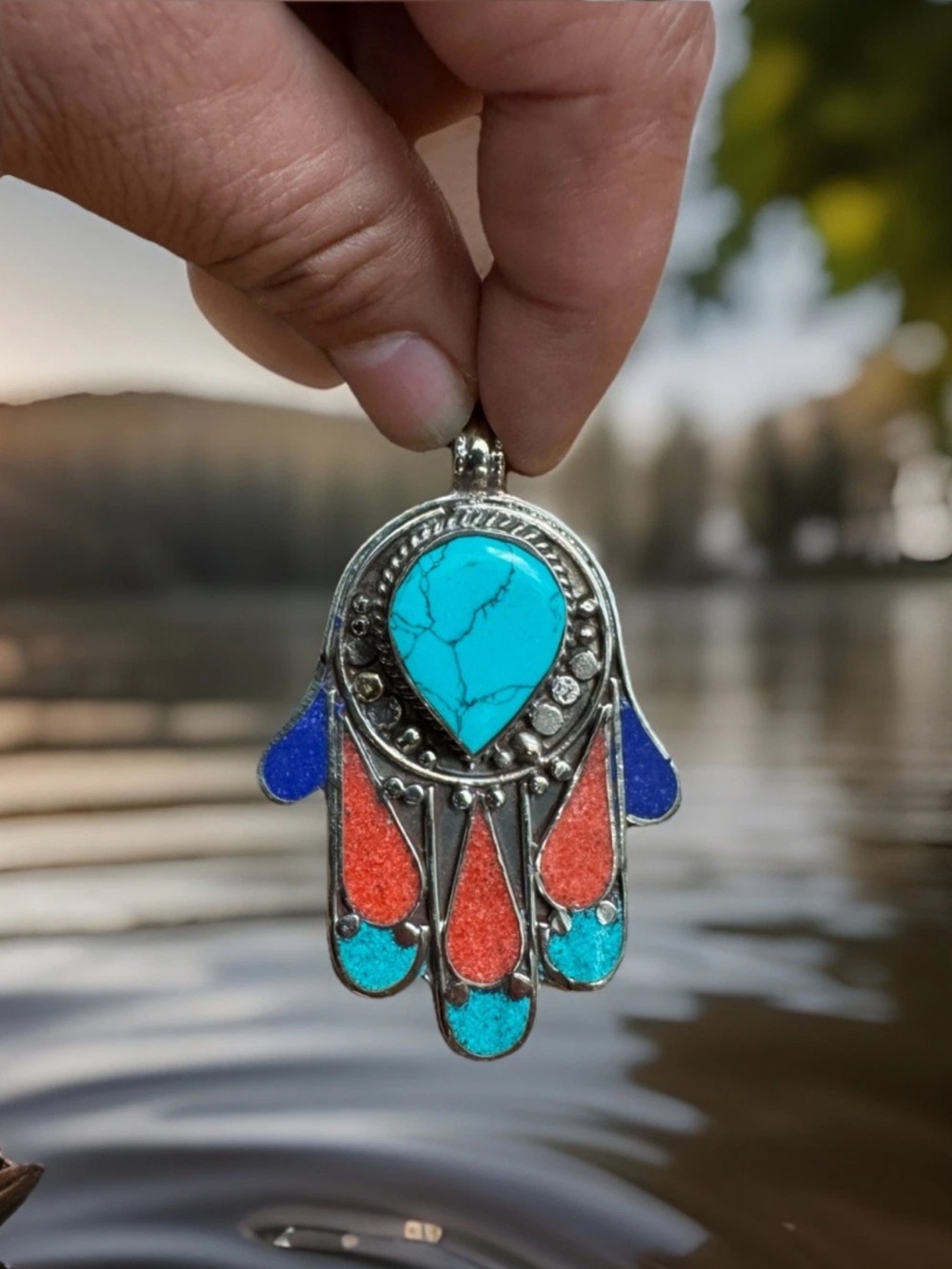 Handcrafted Multicolor Hamsa Pendant Inlay Turquoise & Stones Set In Silver 38gr